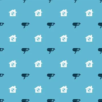 Set Security camera and House under protection on seamless pattern. Vector Illustrazione stock