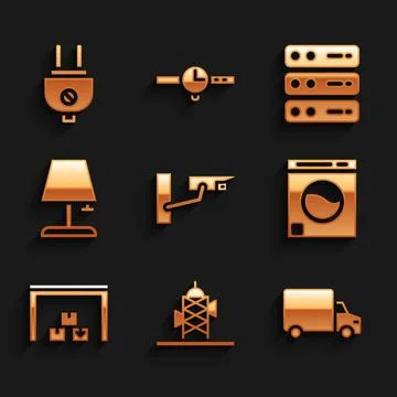 Set Security camera, Antenna, Delivery cargo truck, Washer, Warehouse, Table Ilustración de archivo