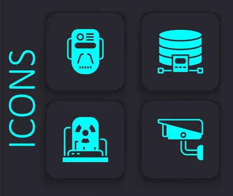 Set Security camera, Artificial intelligence robot, Cloud database and Stock Illustration