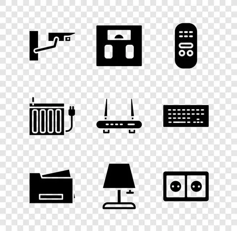 Set Security camera, Bathroom scales, Remote control, Printer, Table lamp Stock Illustration
