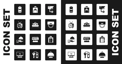 Set Security camera, Bedroom, Retro tv, Trash can, Bellboy hat, Lift, and Illustrazione stock