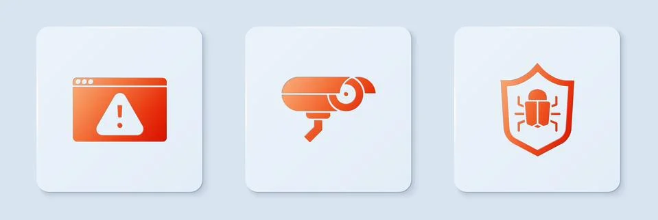 Set Security camera, Browser with exclamation mark and System bug. White square Stock Illustration