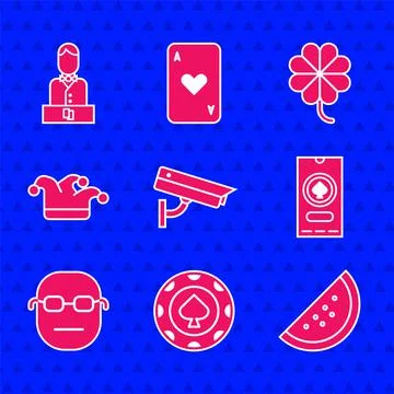 Set Security camera, Casino chips, slot machine with watermelon, poker Stock Illustration