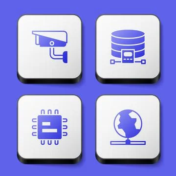 Set Security camera, Cloud database, Processor CPU and Global technology icon Stock Illustration