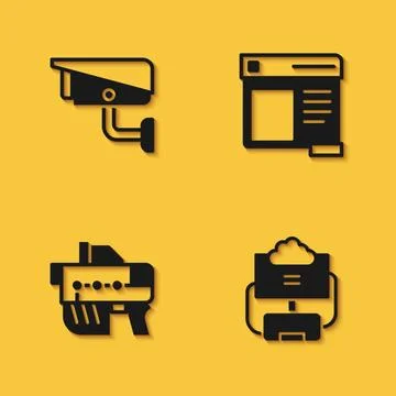 Set Security camera, Cloud database, Futuristic weapon and Browser window icon Stock Illustration