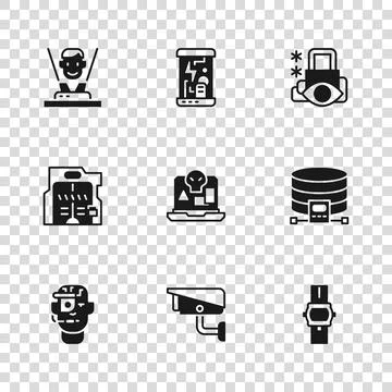Set Security camera, Cloud database, Wrist watch, Internet piracy, Cyber se.. Stock Illustration