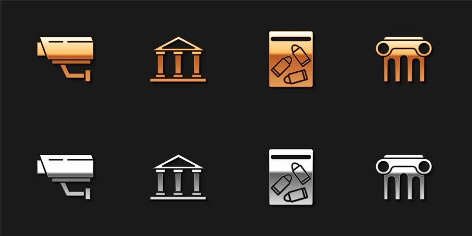 Set Security camera, Courthouse building, Evidence bag and bullet and Law pillar Ilustración de archivo