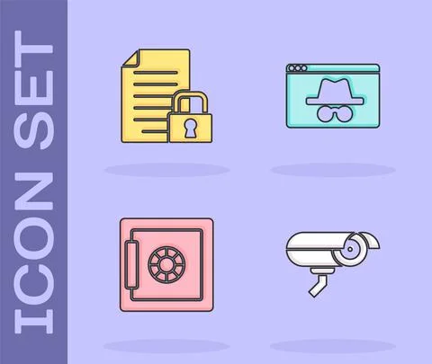 Set Security camera, Document and lock, Safe and Browser incognito window icon Illustrazione stock