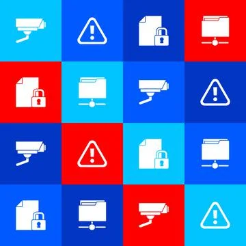 Set Security camera, Exclamation mark in triangle, Document and lock and FTP Illustrazione stock