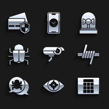 Set Security camera, Eye scan, Password protection, Barbed wire, System bug Stock Illustration