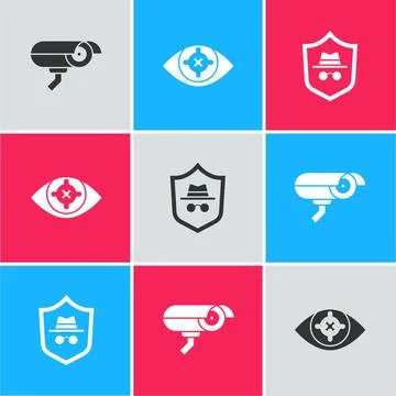 Set Security camera, Eye scan and Incognito mode icon. Vector Stock Illustration