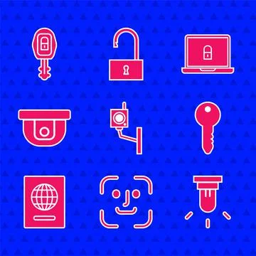 Set Security camera, Face recognition, Motion sensor, Key, Passport, Laptop and Stock Illustration
