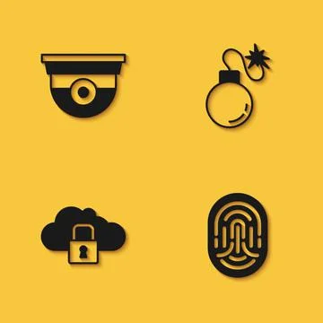Set Security camera, Fingerprint, Cloud computing lock and Bomb icon with long Stock Illustration