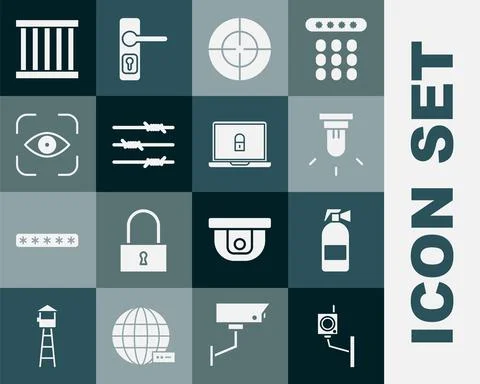 Set Security camera, Fire extinguisher, Motion sensor, Target sport, Barbed wire Stock Illustration