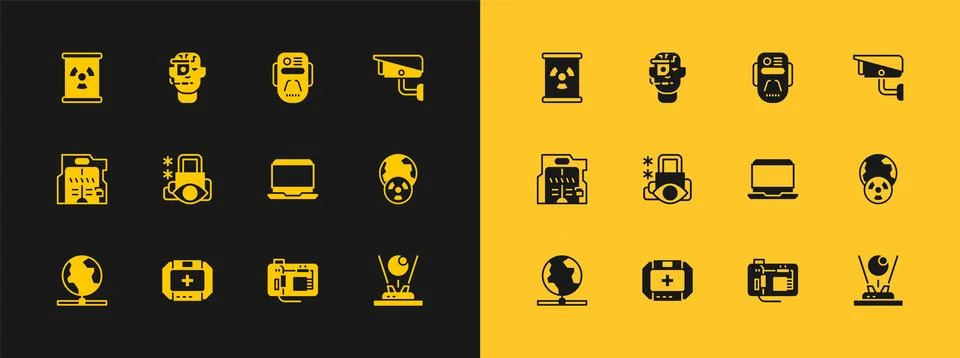 Set Security camera, First aid kit, Laptop, Motherboard, Cyber security, Ar.. Stock Illustration