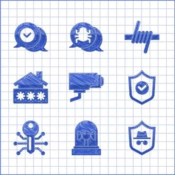 Set Security camera, Flasher siren, Incognito mode, Shield with check mark,.. Stock Illustration