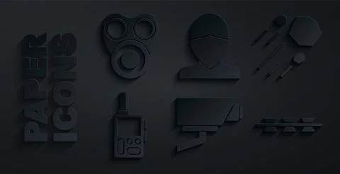 Set Security camera, Flying stone, Walkie talkie, Barbed wire, Vandal and G.. Stock Illustration