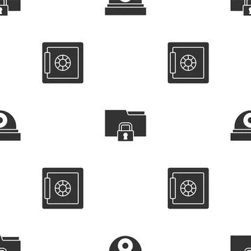 Set Security camera, Folder and lock and Safe on seamless pattern. Vector Illustrazione stock