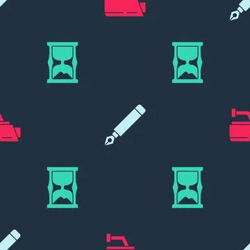 Set Security camera, Fountain pen nib and Old hourglass on seamless pattern Stockillustratie