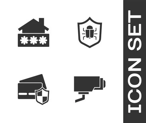 Set Security camera, House with password, Credit card shield and System bug icon 스톡 일러스트
