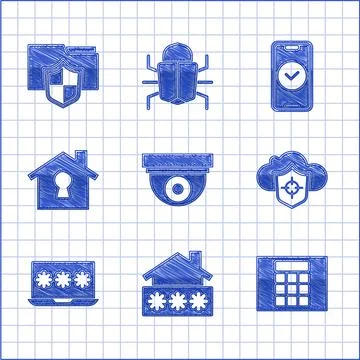 Set Security camera, House with password, Password protection, Cloud and shield Illustrazione stock