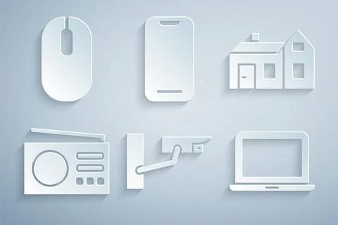 Set Security camera, House, Radio, Laptop, Smartphone and Computer mouse icon Ilustración de archivo