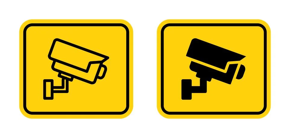 Set of Security Camera Icons on Yellow Background for Safety Signage Stock Illustration