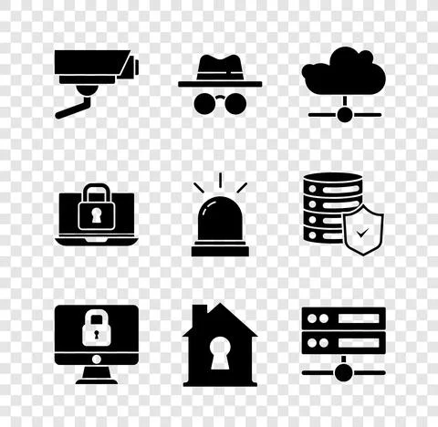 Set Security camera, Incognito mode, Network cloud connection, Lock computer Illustrazione stock