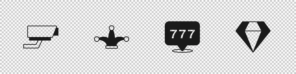 Set Security camera, Joker playing card, Slot machine with jackpot and Diamond Stock Illustration