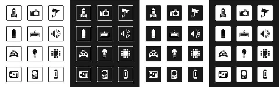 Set Security camera, Keyboard, Battery charge level indicator, Telephone Illustrazione stock