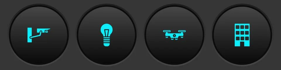 Set Security camera, Light bulb, Drone flying and House icon. Vector Stock Illustration
