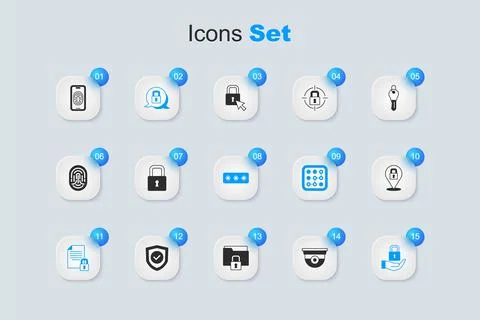Set Security camera, Lock, Document and lock, Mobile with fingerprint scann.. Illustrazione stock