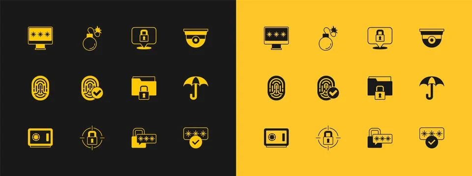 Set Security camera, Lock, Folder and lock, Cyber security, Fingerprint, Mo.. Illustrazione stock