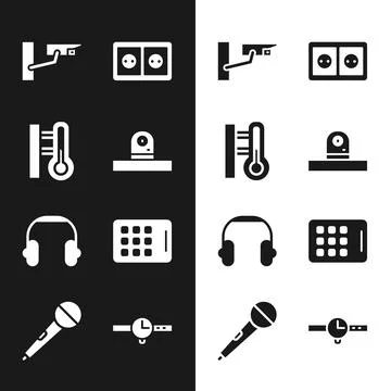 Set Security camera, Meteorology thermometer, Electrical outlet, Headphones.. Stock Illustration
