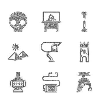 Set Security camera, Museum audio guide, Roman army helmet, Castle tower Ilustración de archivo