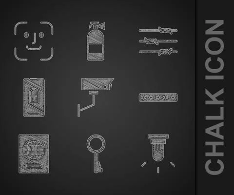 Set Security camera, Old key, Motion sensor, Password protection, Passport Illustrazione stock