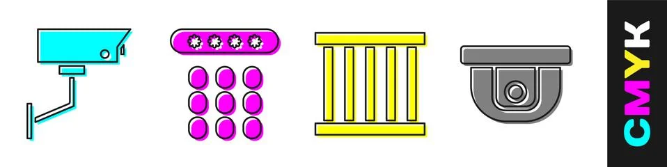 Set Security camera, Password protection, Prison window and Motion sensor icon Illustrazione stock
