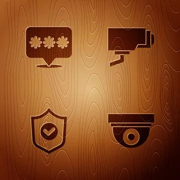 Set Security camera, Password protection, Shield with check mark and on wooden 스톡 일러스트