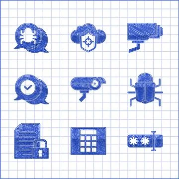 Set Security camera, Password protection, System bug, Document and lock, Check Stock Illustration
