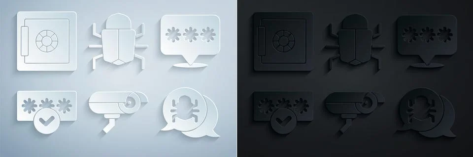 Set Security camera, Password protection, System bug,  and Safe icon. Vector Stock-Illustration