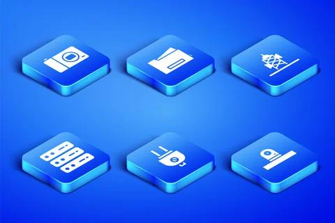 Set Security camera, Photo, Electric plug, Server, Data, Web Hosting, Printer Stock Illustration