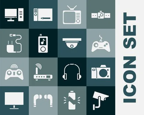 Set Security camera, Photo, Gamepad, Retro tv, Music player, Charger, Computer 스톡 일러스트