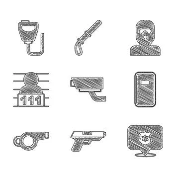 Set Security camera, Pistol or gun, Police badge, assault shield, Whistle, .. Stock Illustration