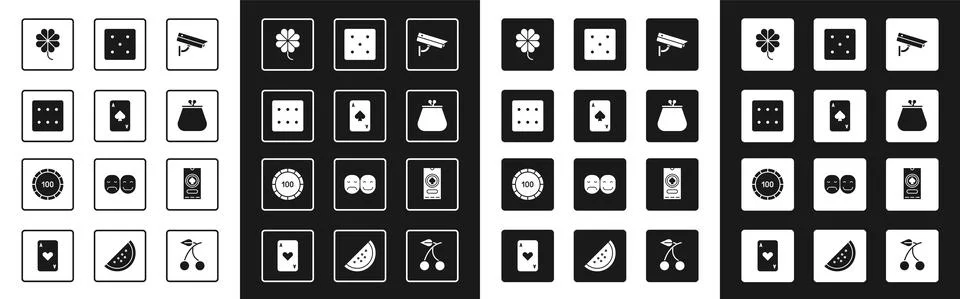 Set Security camera, Playing card with spades, Game dice, Casino slot machine Stock Illustration