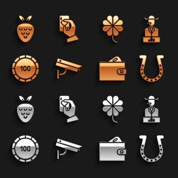 Set Security camera, Poker player, Horseshoe, Wallet with money, Casino chips Stock Illustration