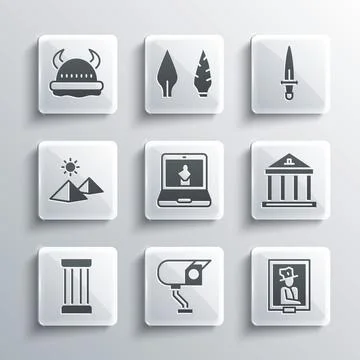 Set Security camera, Portrait in museum, Museum building, Online, Ancient column Ilustración de archivo