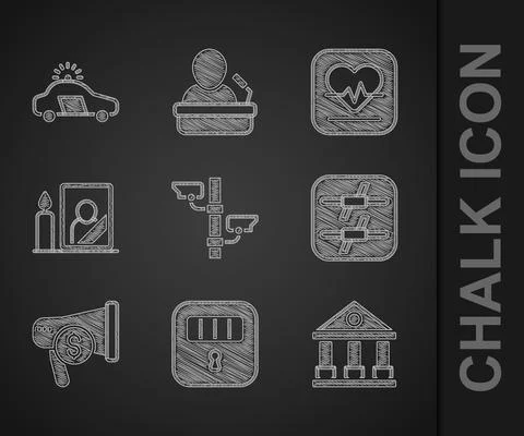 Set Security camera, Prison cell door, Courthouse building, Barbed wire Ilustración de archivo