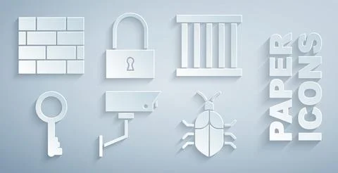 Set Security camera, Prison window, Old key, System bug concept, Lock and Bricks Illustrazione stock