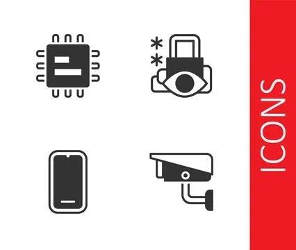 Set Security camera, Processor CPU, Mobile phone and Cyber security icon. Vector Stockillustratie