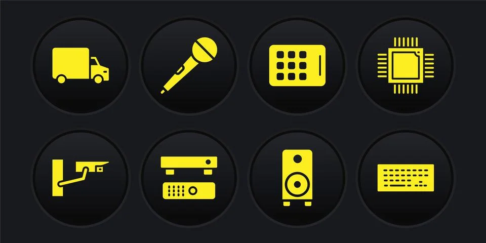 Set Security camera, Processor with microcircuits CPU, Multimedia and TV box Illustrazione stock